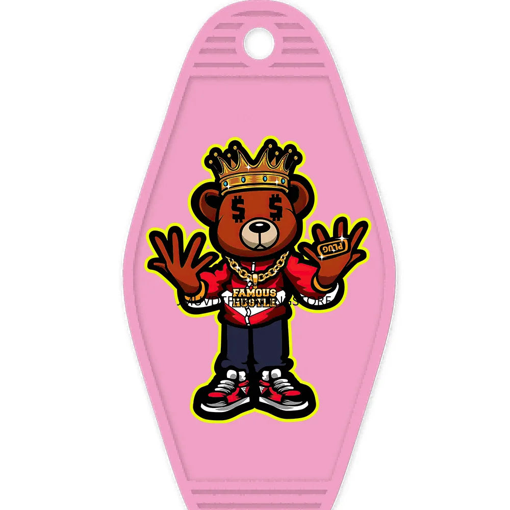 Famous Hustle Bear High Quality WaterProof UV DTF Sticker For Motel Hotel Keychain Colorful Teddy Bears