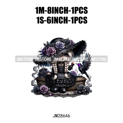 Gothic Girl Gnomes Halloween Witch Dolls Black Flowers Horror Vibes Iron On DTF Transfers Stickers Ready To Press For Clothing