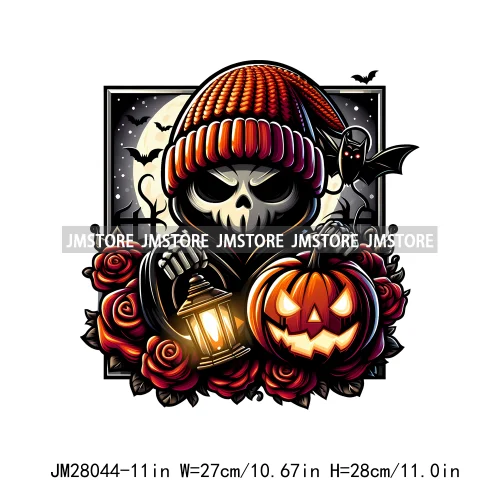 Cute Animals Skull Red Rose Pumpkin Halloween Spooky Vibes Design Logo Iron On DTF Transfer Stickers Ready To Press For Clothing