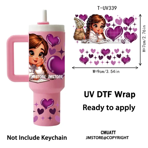 Chibi Girl Heart Cartoon Princess UV DTF Mini Tumbler Keychain Wraps Ready To Apply Transfer Stickers Prints Waterproof Decals