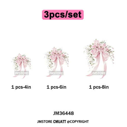 Pink Bow Silk Wedding Coquette Girl Ribbon Tied Printing Iron on DTF Thermal Transfers Stickers Ready to Press for Clothing Bags