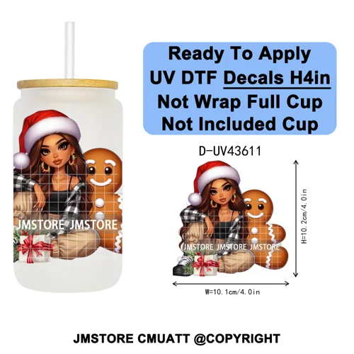Mexican Girl Christmas Gingerbread UV DTF Cup Decals Ready To Apply Transfer Stickers Durable Custom Labels For Libbey Glass Can