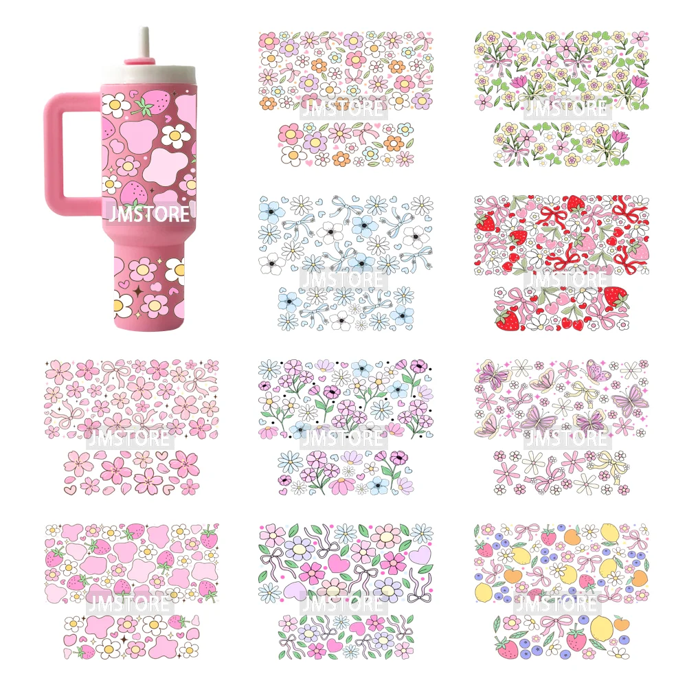 Coquette Bow Floral Seamless Book Lover Ribbon UV DTF Wraps Ready To Use Transfer Stickers Waterproof For Mini Tumbler Keychain