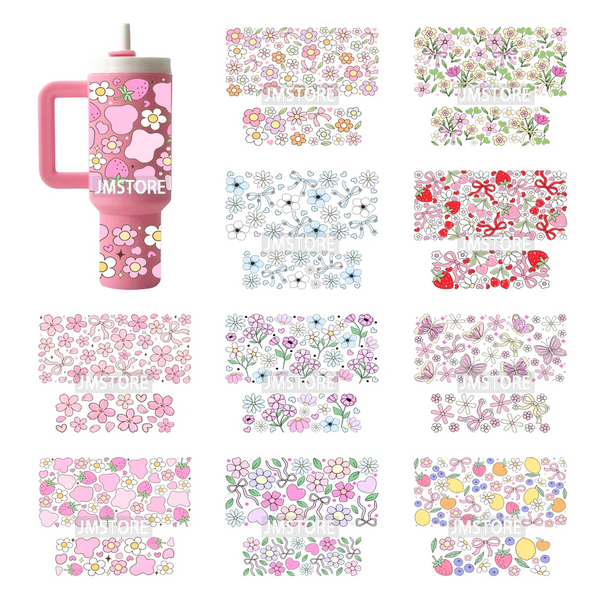 Coquette Bow Floral Seamless Book Lover Ribbon UV DTF Wraps Ready To Use Transfer Stickers Waterproof For Mini Tumbler Keychain