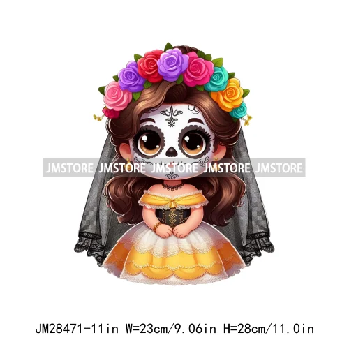 New Day Of The Dead La Catrina Dresses Girls Skull Flower Iron On DTF Transfers Stickers Ready To Press For Sweatshirt Bags