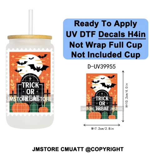 Halloween Stamps Trick Or Treat UV DTF Decals Ready To Apply Waterproof Transfer Stickers DIY Crafts For 16OZ Libbey Glass Can