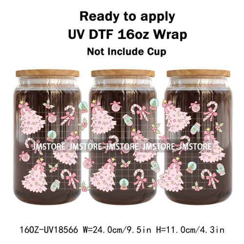 Preppy Christmas Candy Cane Xmas Tree UV DTF Cup Wrap Ready To Apply Transfer Stickers 16OZ Tumbler Wraps For Libbey Glass Can