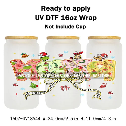 Coquette Bow Christmas Green Character UV DTF Stickers Ready To Apply Cup Wrap Custom Labels DIY Craft For Libbey Glass Can Mugs