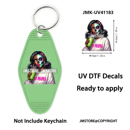 Afro Girl Halloween Skeleton Zombie UV DTF Motel Keychain Decal Ready To Ship Durable Transfer Stickers Print For Hotel Keychain