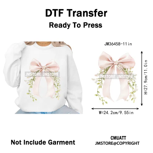 Pink Bow Silk Wedding Coquette Girl Ribbon Tied Printing Iron on DTF Thermal Transfers Stickers Ready to Press for Clothing Bags