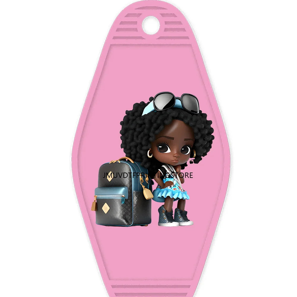 School Melanin Black Girls With Luggage High Quality WaterProof UV DTF Sticker For Motel Hotel Keychain Afro Children