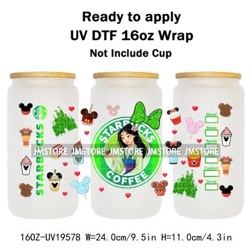 Faux Glitter Coffee Cartoon Princess Girly 16OZ UV DTF Cup Wraps Ready To Apply Waterproof Transfer Sticker For Libbey Glass Can