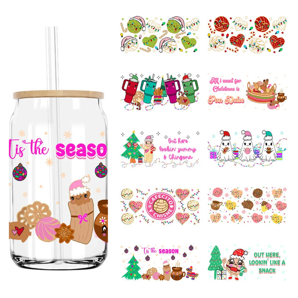 Latin Culture Christmas Season 16OZ UV DTF Cup Wrap Transfers Stickers Custom Labels DIY Waterproof Logo For Libbey Glass Can