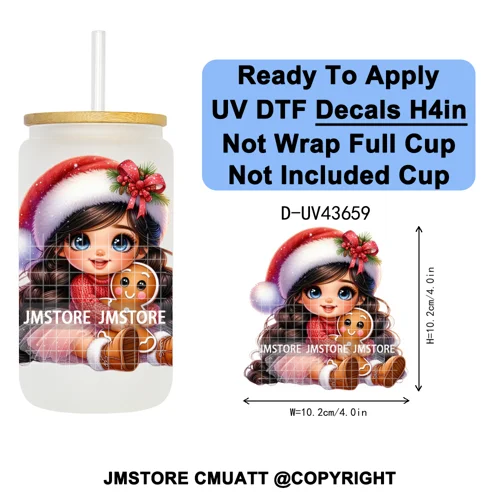 Floral Christmas Latina Chibi Girl UV DTF Transfer Stickers Decals Ready To Apply Good Quality Prints For Libbey Cold Cup Mugs