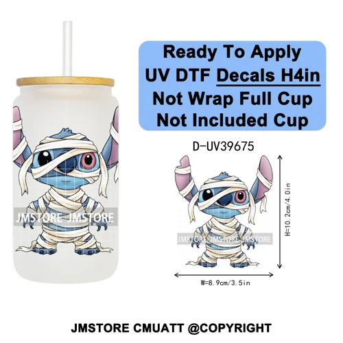 Halloween Cartoon Characters UV DTF Transfer Stickers Decals Ready To Apply Waterproof For 16OZ Libbey Glass Can Cups Tumbler