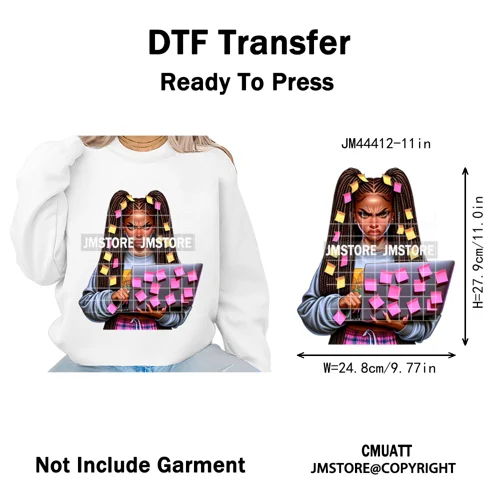 Sassy Facial Expressions Black Girl Housewife Remote Work Iron on Washable DTF Transfers Stickers Ready to Press for Sweatshirts