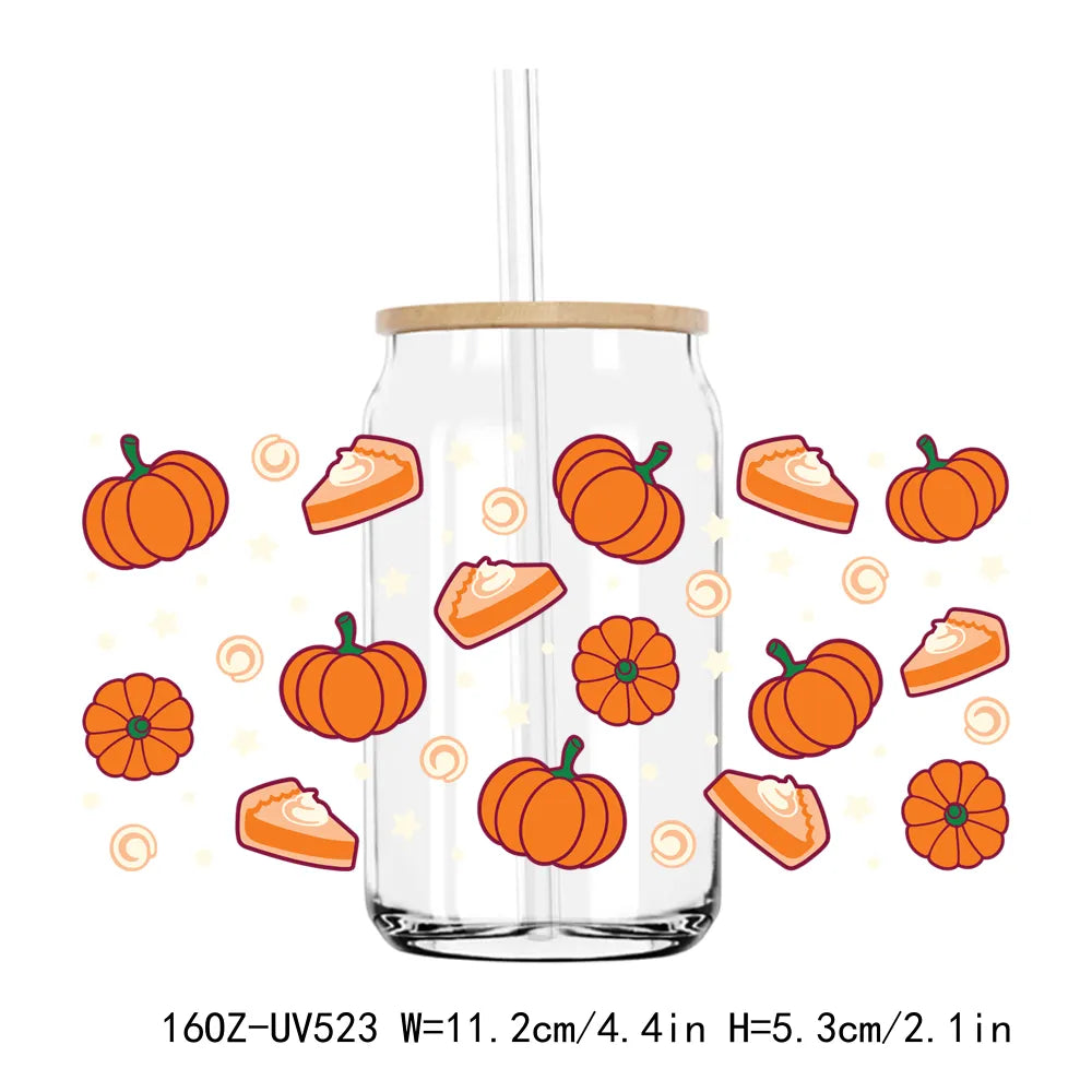 Fall Season Autumn Pumpkin 16OZ UV DTF Cup Wrap Transfers Stickers DIY Durable Waterproof Logo For Libbey Glass Can