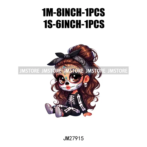 Halloween Skeleton Latina Baby Chibi Hispanic Girls Spooky Season DTF Iron On Transfers Stickers Ready To Press For Clothing