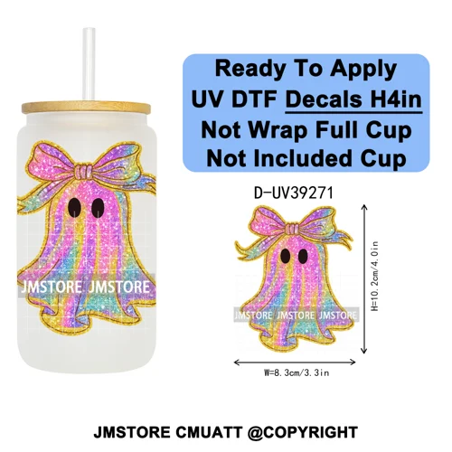 Iridescent Ghost Pumpkin Coquette Halloween UV DTF Transfer Stickers Decals Ready To Apply Waterproof For 16OZ Libbey Glass Can