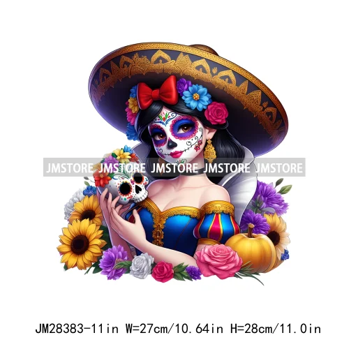 Cute Mexican Day Of The Dead Skeleton Catrina Princess Dolls Iron On DTF Heat Press Transfers Stickers Printing For Clothes