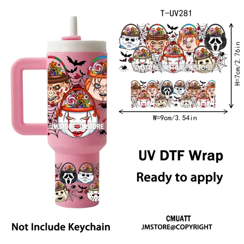 Halloween Nightmare Cartoon Characters UV DTF Mini Tumbler Keychain Wraps Ready To Apply Transfer Stickers Waterproof Decals
