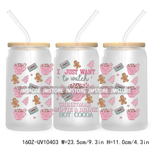 Christmas Girly Coquette Bow 16OZ UV DTF Cup Wrap Transfer Stickers Custom Labels For Libbey Glass Can Candy Cane Tis The Season