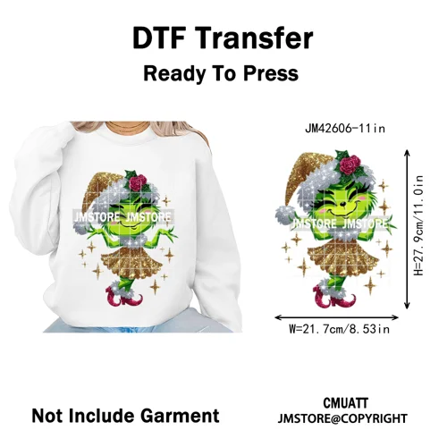 Faux Glitter Cartoon Christmas Movie Green Santa Kid Girly Xmas Iron on DTF Washable Transfer Sticker Ready to Press for Textile