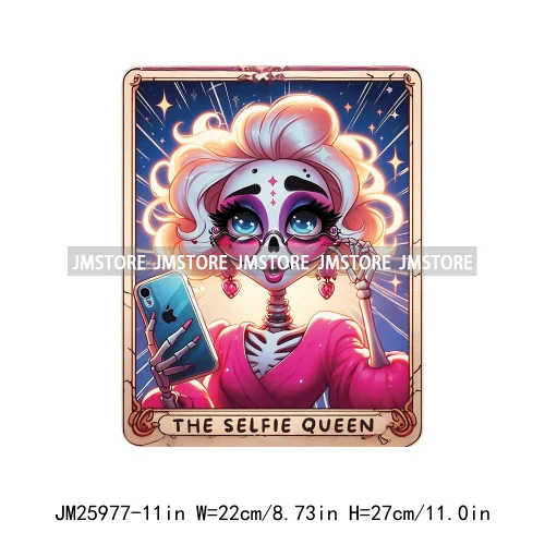 Funny Crafter Girl Skeleton Marathoner Overthinker Mom Queen Tarot Card DTF Iron On Transfer Stickers Ready To Press For Clothes