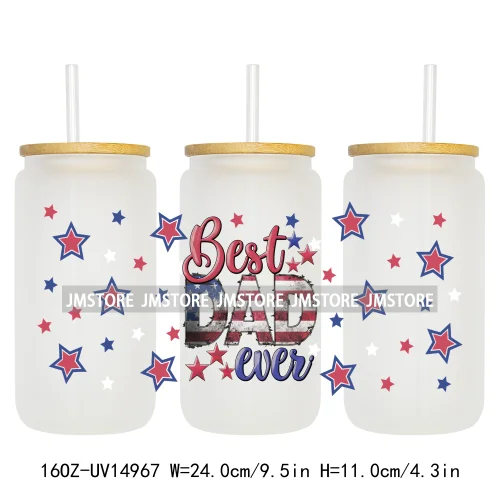 4th Of July American Dad Father's Day 16OZ UV DTF Cup Wraps Ready To Apply Waterproof Transfer Stickers For Libbey Glass Can Mug
