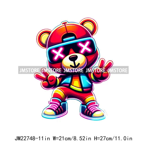 Cool Neon Colorful Hip Hop Streetwear Urban Teddy Bear Iron On DTF Transfers Stickers Ready To Press For Clothing Bags