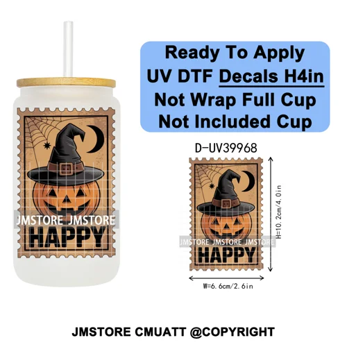Halloween Stamps Trick Or Treat UV DTF Decals Ready To Apply Waterproof Transfer Stickers DIY Crafts For 16OZ Libbey Glass Can
