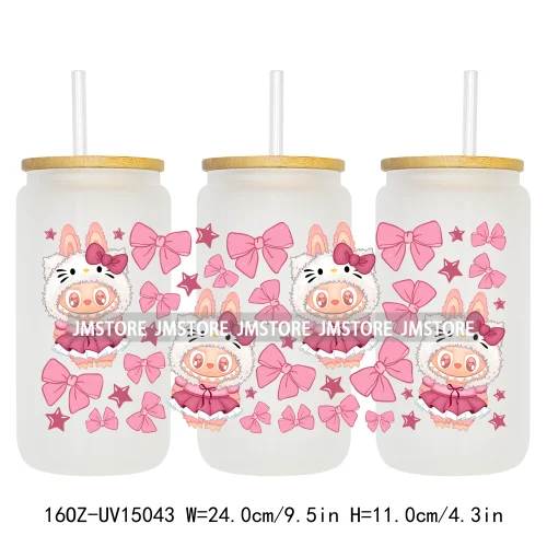 Trendy Coquette Bow Cartoon Doll Monsters 16OZ UV DTF Cup Wraps Ready To Apply Waterproof Transfer Stickers For Libbey Glass Can