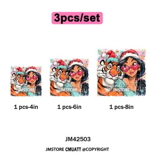 Glasses Cartoon Princess Animal Christmas Brushstroke Festive Vibes Iron on DTF Transfers Stickers Ready to Press for Hoodies