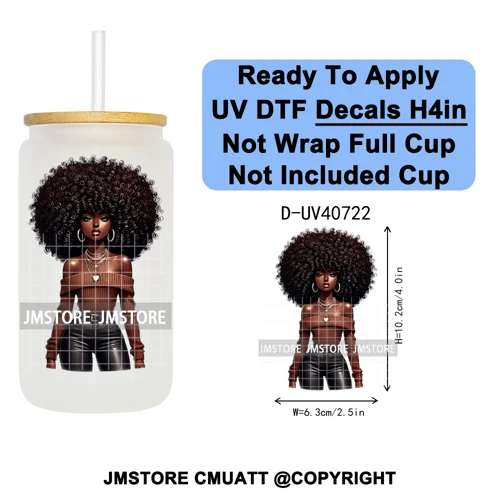 Big Hair Fashionable Black Girl UV DTF Decals Ready To Apply Waterproof Transfer Stickers DIY Crafts For 16OZ Libbey Glass Can