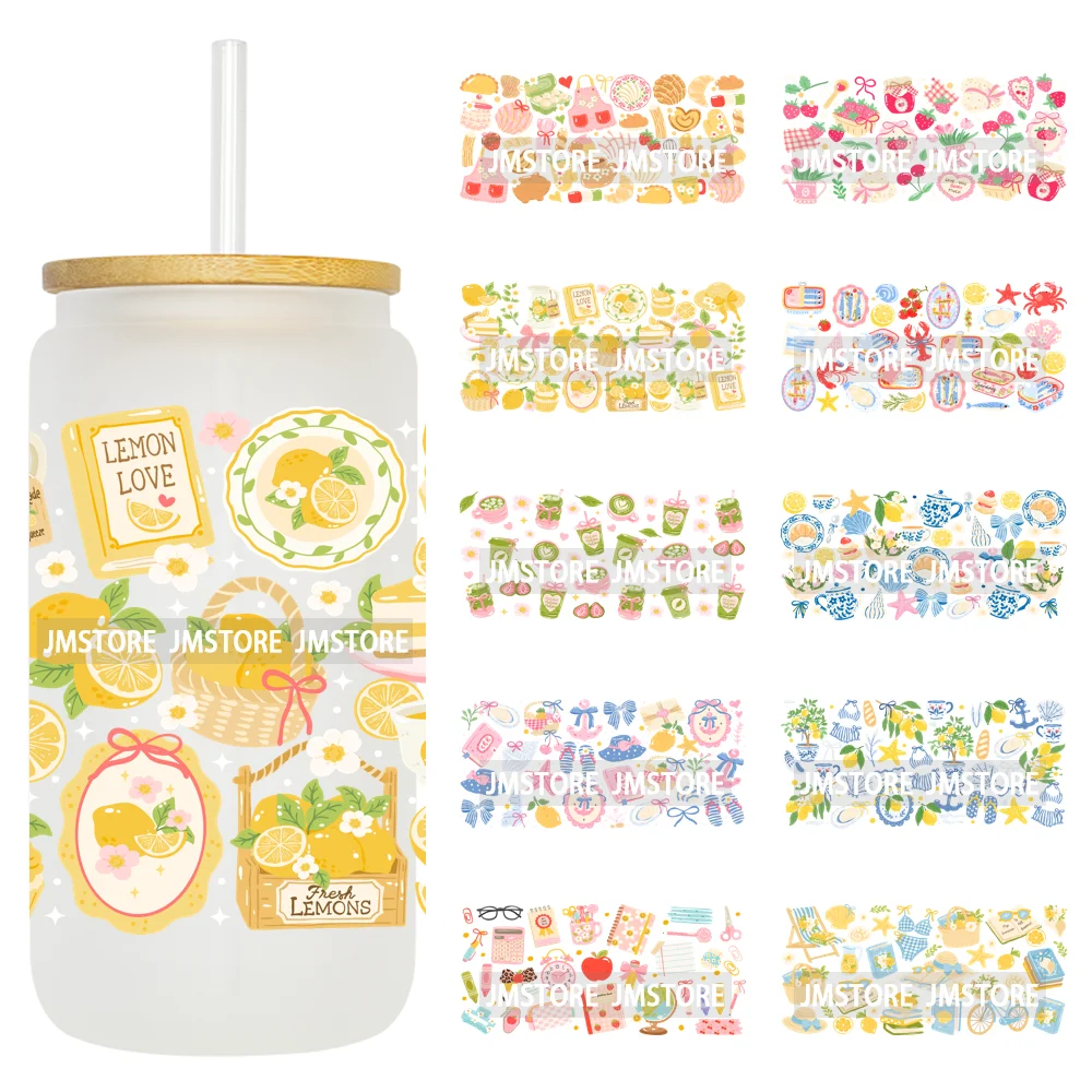 Preppy Lemon Summer Girly Beach Bookish UV DTF Wraps Transfer Sticker Custom Waterproof Logo For 16OZ Libbey Glass Can Tumbler