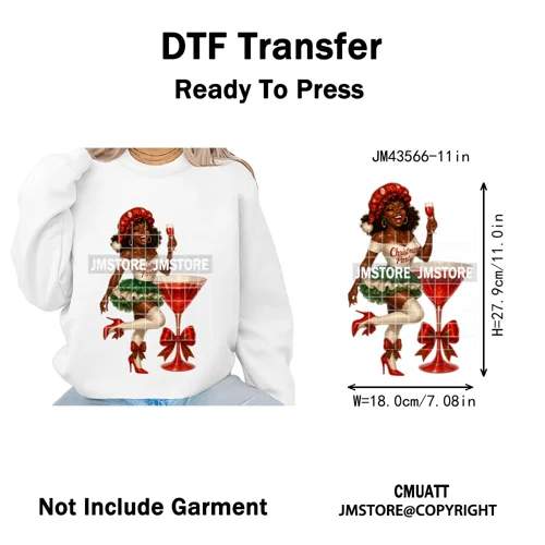 Wine Christmas Black Girls Santa Cheer Winter Holiday Party Iron on Washable DTF Transfers Stickers Ready to Press for Textiles