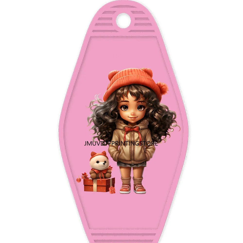 Merry Christmas Little Girls With Santa Hat High Quality WaterProof UV DTF Sticker For Motel Hotel Keychain