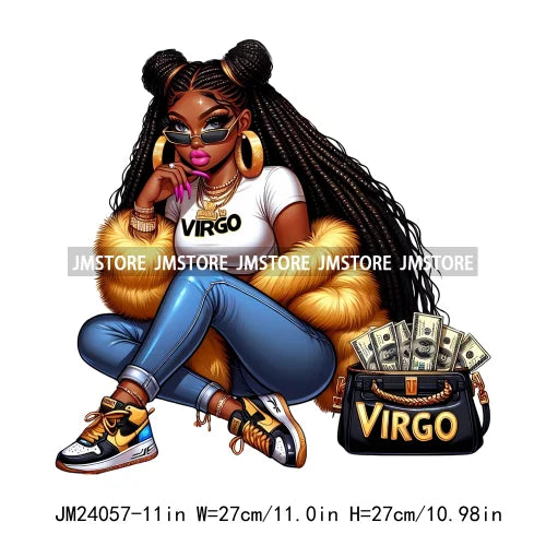 Afro Girl With Purse Money Zodiac Astrology Horoscope Urban Hip Hop Rich Black Melanin Iron On DTF Transfer Stickers For Hoodies