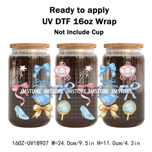 Coquette Bow Cartoon Princess Mirror UV DTF Cup Wrap Ready To Apply Transfer Stickers Waterproof Logo For 16OZ Libbey Glass Can