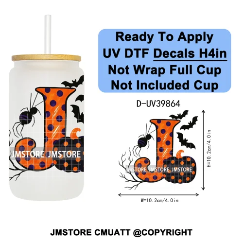Polka Dot Pumpkin Halloween Letter Coquette UV DTF Decals Ready To Apply Waterproof Transfer Stickers For 16OZ Libbey Glass Can