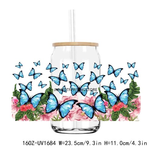 Watercolor Butterfly And Flower 16OZ UV DTF Cup Wrap Transfer Sticker Custom Labels DIY Durable Waterproof Logo For Libbey Glass