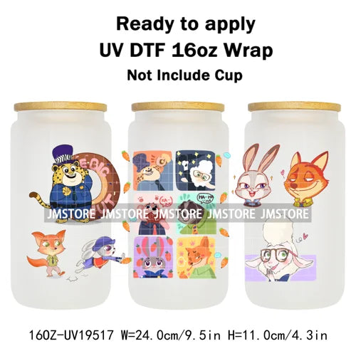 Mystery Animals City Police Rabbit And Fox Con Artist UV DTF Cup Wrap Ready To Apply Transfer Stickers For 16OZ Libbey Glass Can