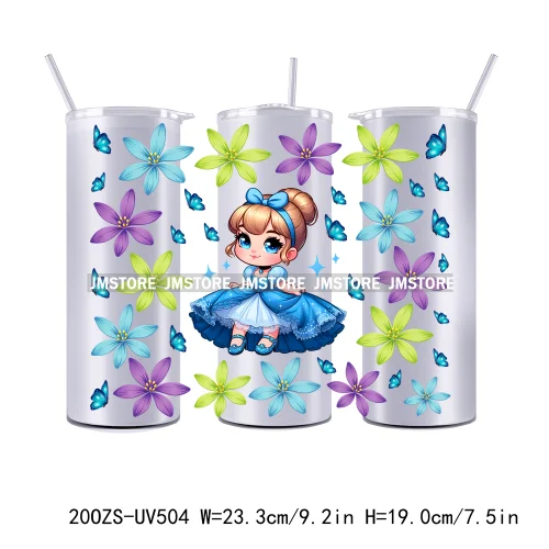 Flowers Cartoon Princess Girl 20OZ Straight Skinny Tumbler Wrap UV DTF Cup Wraps Custom Labels Transfer Sticker Waterproof Logo