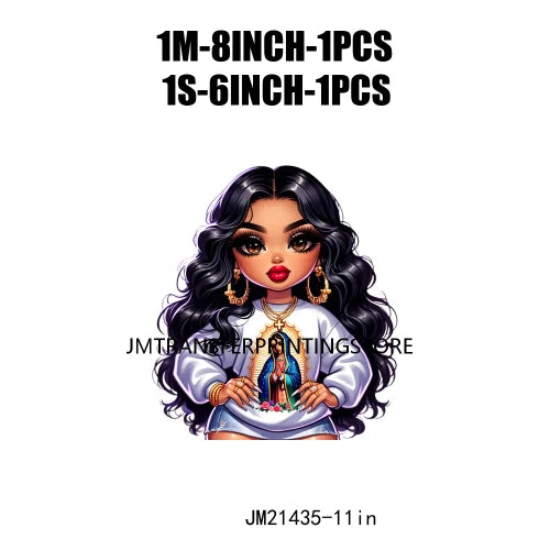 Chibi Cute Chicana Doll Guadalupe Lady Skull Latina Woman Cold Peel Decals Iron On DTF Transfers Stickers For Shirts Bags Pillow