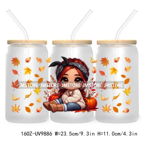 Mexican Latina Chibi Autumn Baby Girl UV DTF Sticker For 16OZ Libbey Glass Cup Can Wrap Transfer Stickers Custom Labels DIY Logo