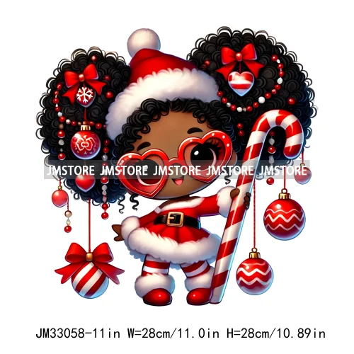 Cute Santa Hat Baby Afro Girls Coquette Bow Christmas Festive Holiday Iron On DTF Transfer Stickers Ready To Press For Clothing