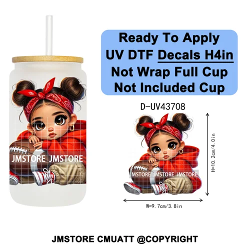 Cute Latina Baby Girl American Football UV DTF Cup Decals Ready To Apply Transfer Stickers Durable For Libbey Glass Can Tumbler