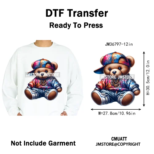 12in Cartoon Gangster Hip Hop Streetwear Teddy Bear Lover Designs Iron on DTF Heat Transfers Stickers Ready to Press for Hoodies