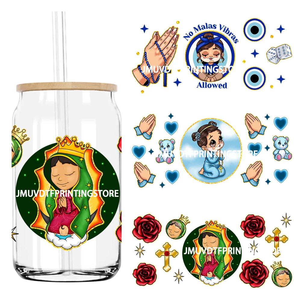 Mexican Lady With Rose Religious 16OZ UV DTF Cup Wrap Transfer Sticker Custom Label Durable Waterproof Logo For Libbey Glass Can