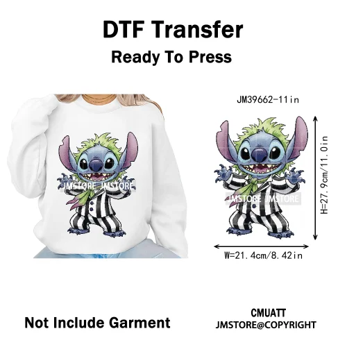 Spooky Scary Cute Cartoon Blue Animal Halloween Horror Vibes Iron on DTF Washable Transfers Stickers Ready to Press for Clothing